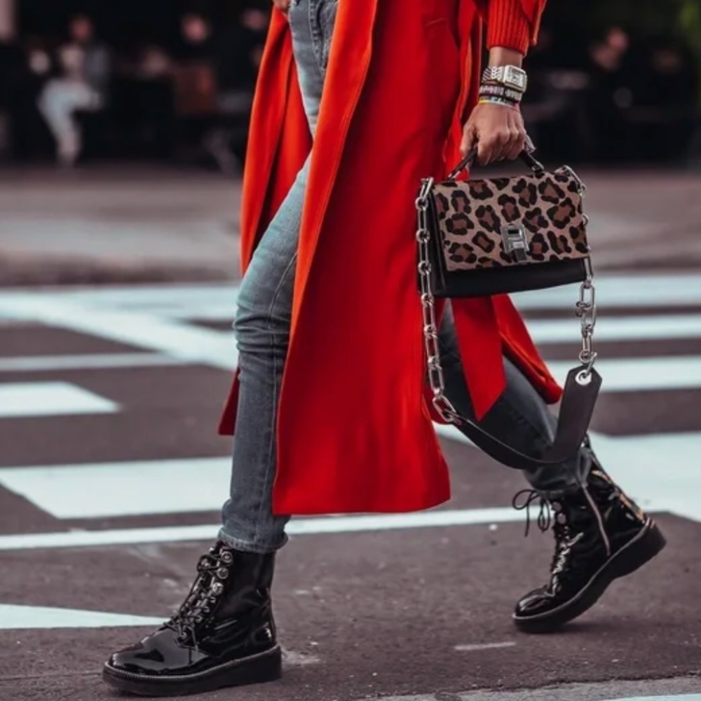 Michael Kors Haskell Combat Boots Flat Patent Leather Black